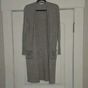 Gray Open Front Cardigan with Studded Pockets